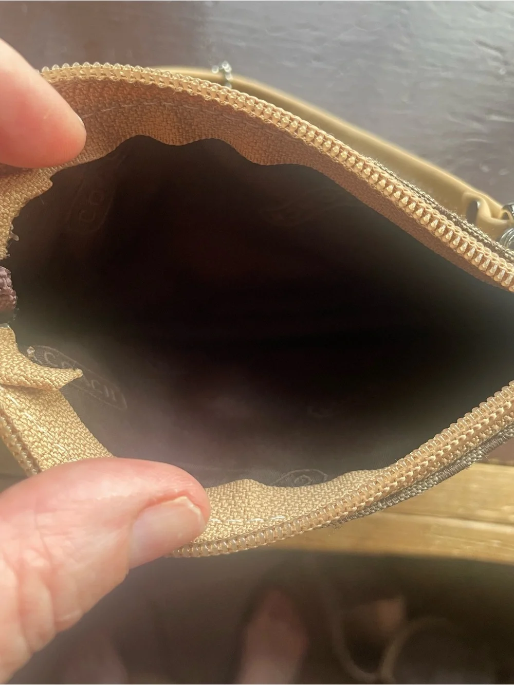 Coach Brown Signature Canvas Wristlet with Tan Leather Patch